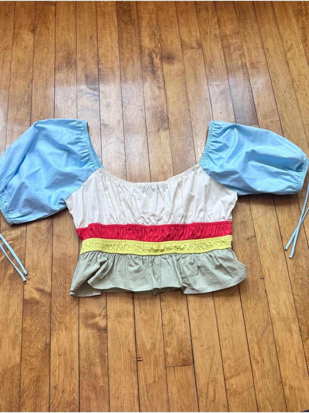 Colorblock Puff-Sleeve Top in Blue, Cream, Red, Sage & Yellow